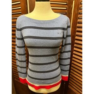 Tommy Hilfiger Womens Small Blue Striped Boat Neck Long Sleeve Knit Sweater